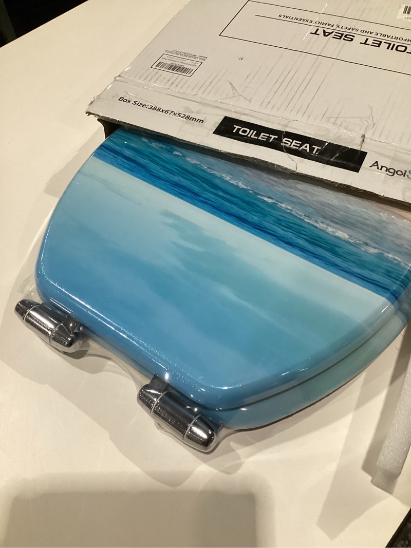 Condition photo showing As Is for Angol Shiold Elongated Toilet Seat Molded Wood Toilet Seat with Quietly Close and Quick Release Hinges, Easy to Install also Easy to Clean (Elongated, Beach) Elongated-18.5” Beach