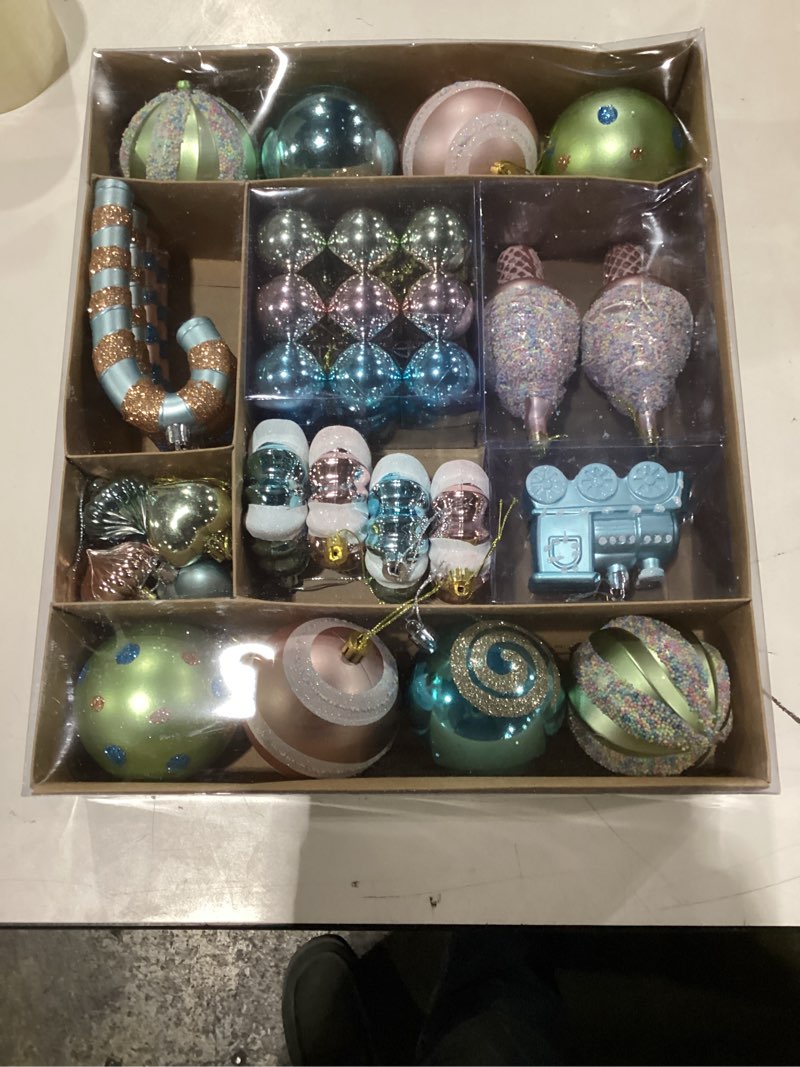 Condition photo showing New/Like New for Pink Green and Blue Candy Christmas Ornaments, 47Pcs Shatterproof Pastel Candyland Christmas Tree Decorations Macaron Assorted Ice Cream Train Candy Cane Baubles Ball Ornaments (Pastel)