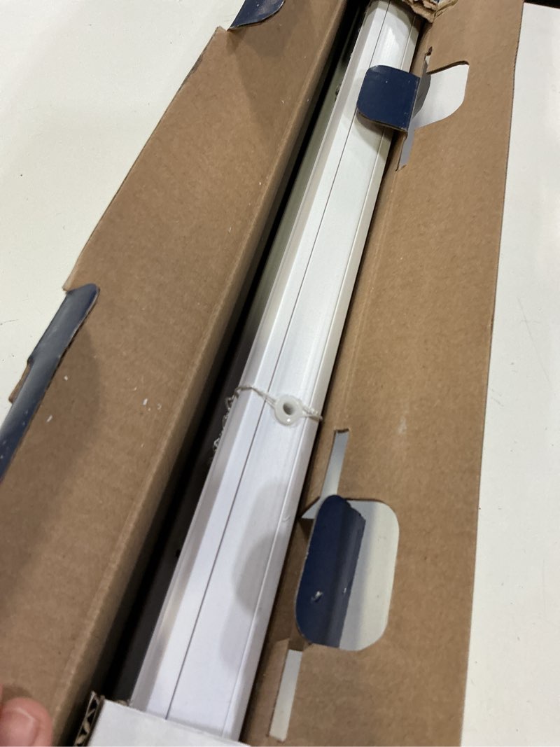 Condition photo showing As Is for levolor trim+go 1-in slat width 48-in x 72-in cordless white vinyl room darkening mini-blinds