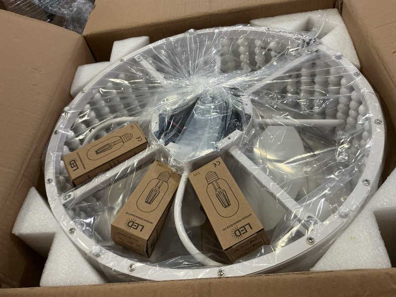 Condition photo showing Good Condition for Ceiling Fans with Lights and Remote - Bulbs Included, Caged Fandelier with Handcrafted Beaded Décor 19 inches Reversible Flush Mount Installation Ceiling Fan, Off-White Off-White 19.2