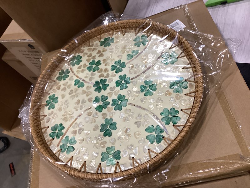 Condition photo showing New/Like New for decor fabricating india decorative rattan mother of pearl serving trays | round shape beige & green leaf pattern | set of 2 - large 35cm and medium 30cm