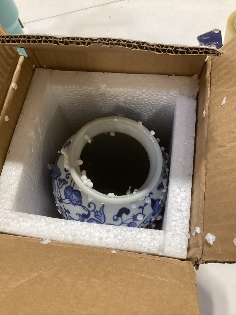 Condition photo showing As Is for blue and white vase, blue ceramic vase for home decor 8.9" chinoiserie vase for flowers blue and white porcelain flower vase for living room, bathroom, dinner table centerpieces
