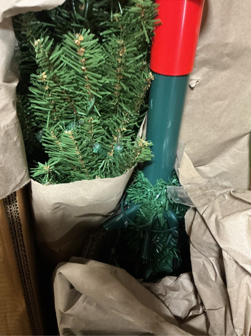 Condition photo showing As Is for national tree company 6 ft pre-lit dunhill fir artificial christmas tree, 600 clear lights, 1,430 tips, includes stand, green