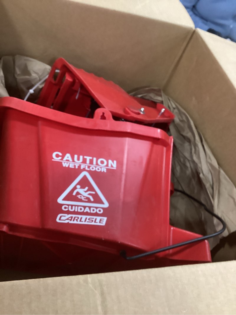Condition photo showing As Is for Carlisle FoodService Products 26-Quart Commercial Mop Bucket with Side-Press Wringer, Precision-Molded Polypropylene, Durable Wringer, Bucket with Non-Marking Casters, 18.5 x 16.5 x 23 Inches, Red