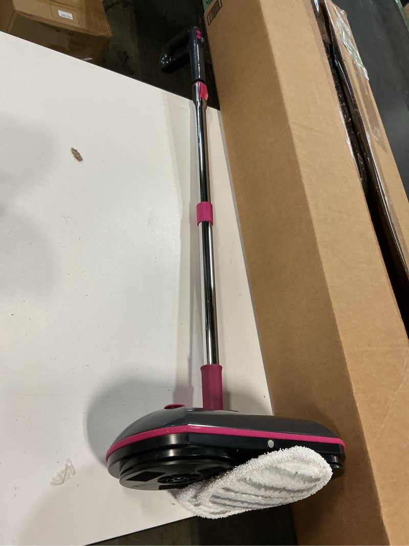 Condition photo showing As Is for cordless electric spin mop with water sprayer, 300ml tank self-propelled floor cleaner for hardwood & tile, quiet cleaning, adjustable handle, 2500mah long-lasting battery, pink