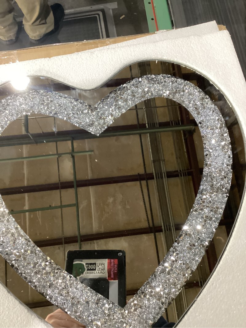 Condition photo showing Good Condition for DMDFIRST Crystal Crush Diamond Heart Shaped Silver Mirror for Wall Decoration 20x20x1 inch Wall Hang Frameless Mirror Acrylic Diamond Décor. 20"L x 20"W