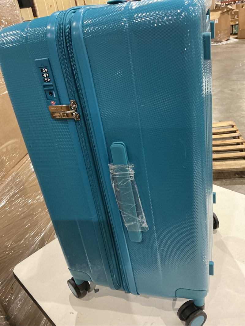 Condition photo showing As Is for hanke 24 inch plus expandable luggage large suitcases with wheels, medium checked luggage hard shell suitcases, pc trunk luggage extra large suitcase with lock for women men(caribbean blue) 24\" plus expandable trunk caribbean blue