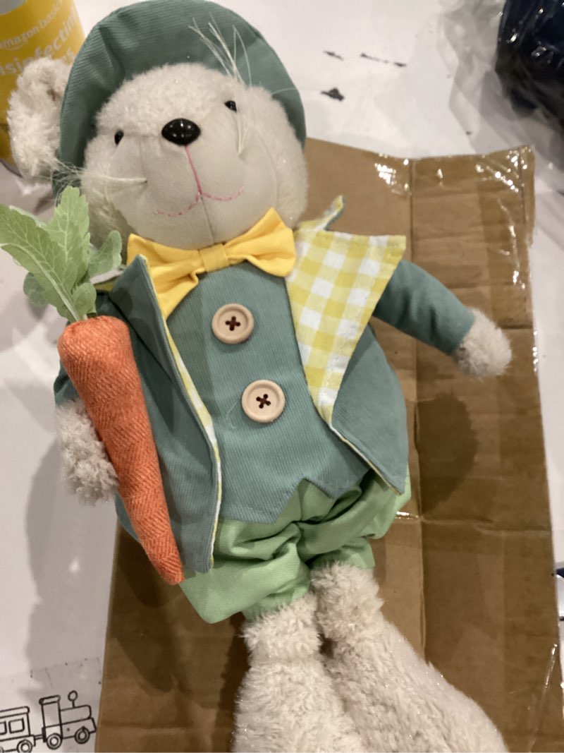 Condition photo showing As Is for 2pcs standing easter bunny gnome plush decoration - 20.8’’-25.9’’rabbit gnome stuffed w/retractable spring leg handmade hold egg & carrot doll for easter spring home ornament farmhouse decor