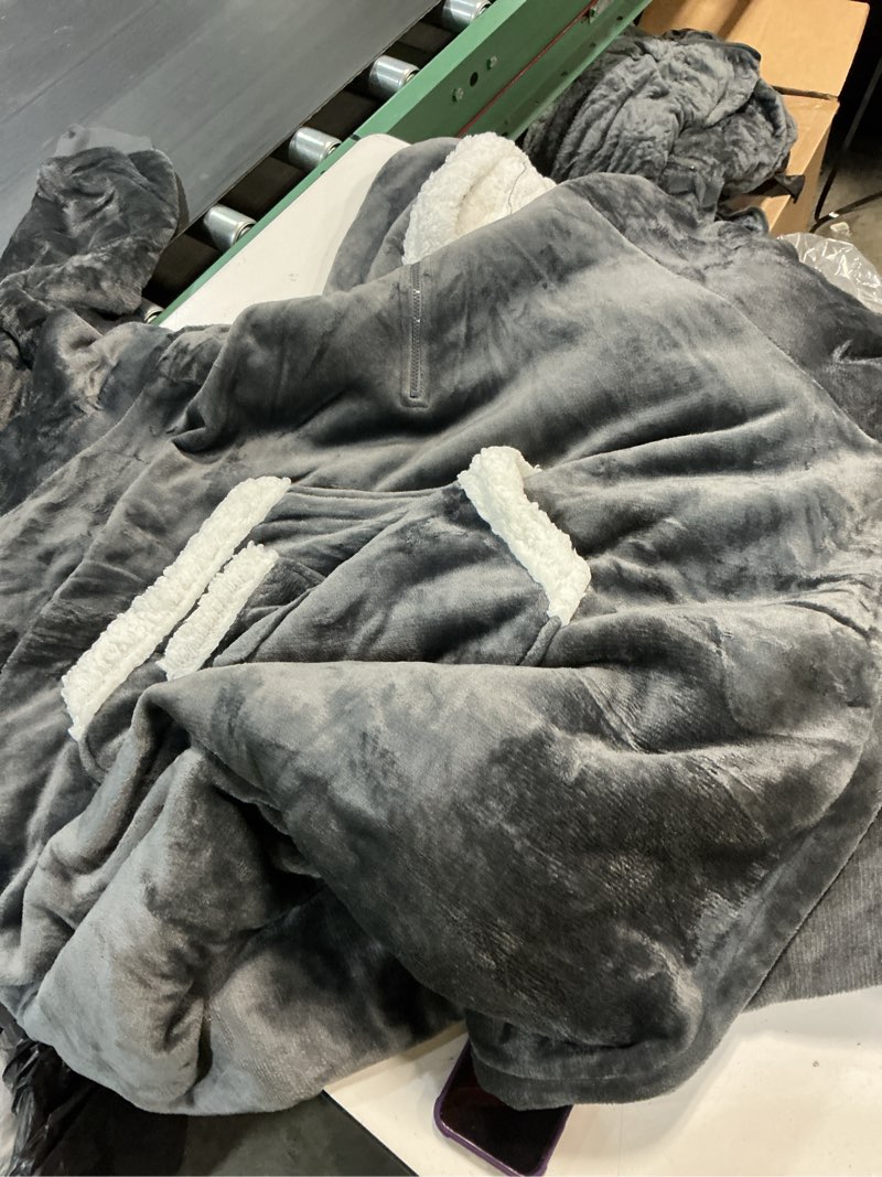 Condition photo showing Good Condition for kipswiza wearable blanket hoodie gifts for women and men, oversized cozy warm flannel sherpa hooded blankets sweatshirt with giant pockets for adult and teens, dark gray a(dark grey/sherpa) adult/regular