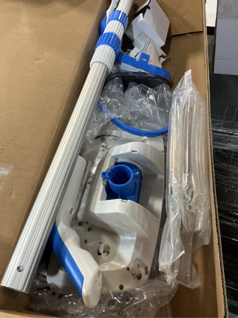 Condition photo showing As Is for consciot pool vacuum for above ground pool & inground pool, rechargeable handheld cleaner with telescopic pole,18.5 gpm suction, 13.4" head, 60-min runtime, for spa & hot tub l1