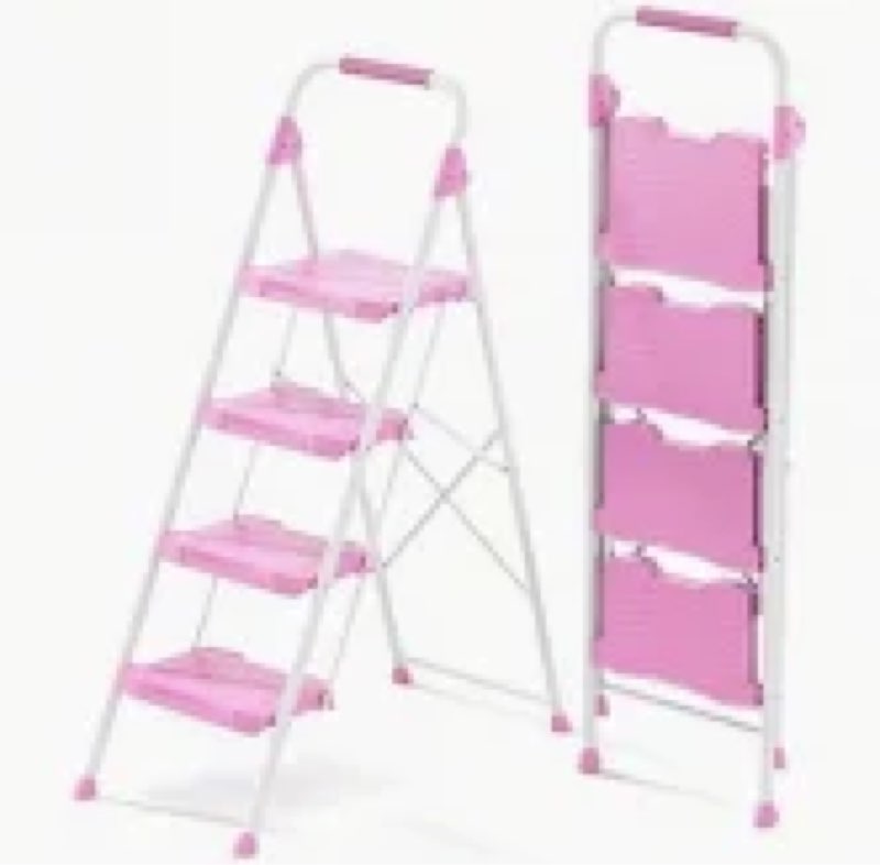 GameGem Pink 4 Step Ladder, Small Kitchen Step Stool for Adults, Widen 7.9Inch Pedal for Comfortable Use, Sturdy and Cute Step Ladder with Anti-Slip Foot, More Friendly to Women, 330Lbs Load