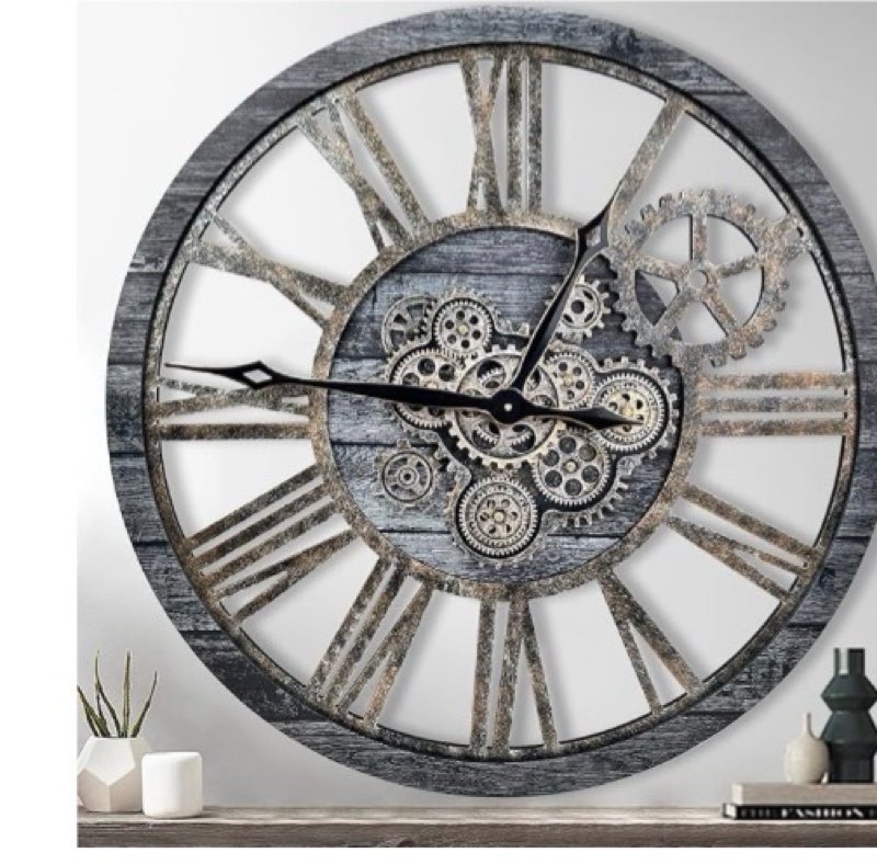 The B-Style Large Real Moving Gears Wall Clock 30 inch Rustic Retro Industrial Farmhouse Wood Clock Oversized Decorative Vintage Wall Clocks for Living Room (Carbon Gray)