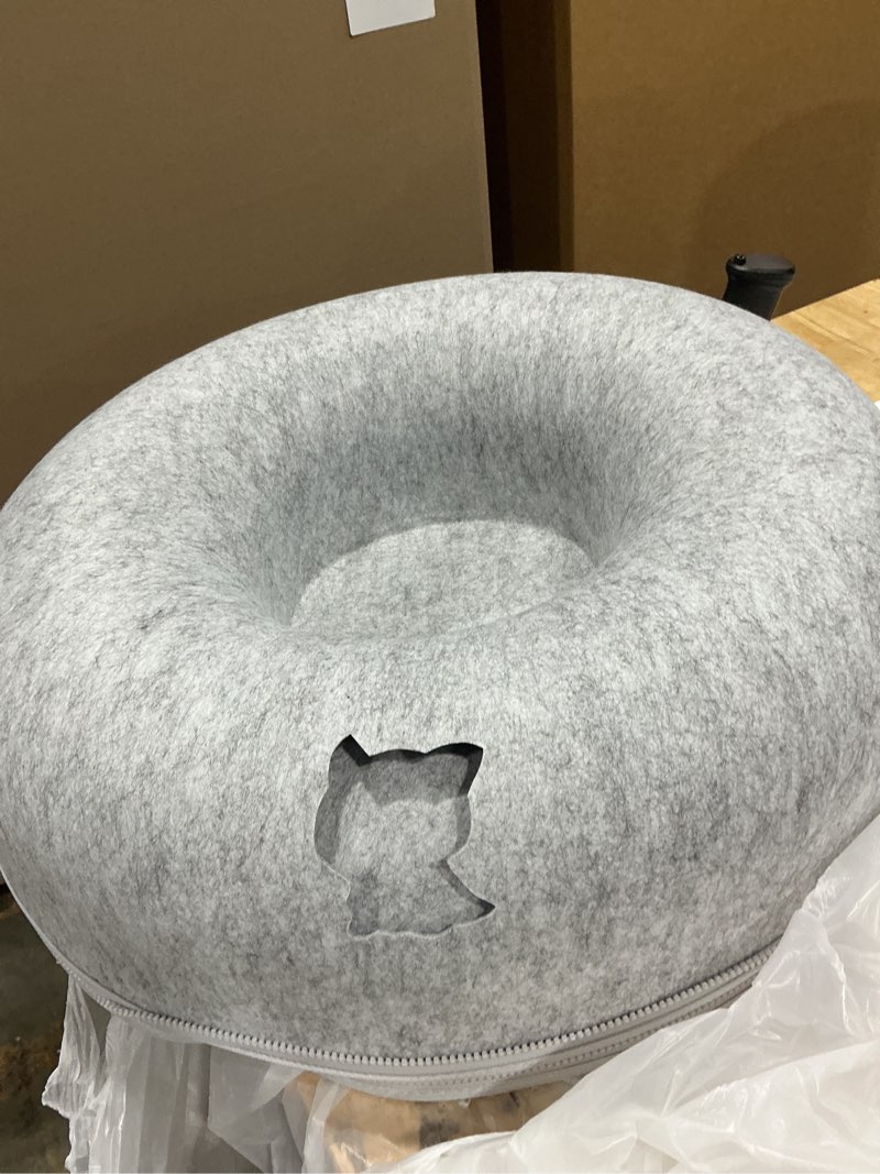 Condition photo showing As Is for cat tunnel bed, peekaboo cat cave for indoor cats, comfortable and washable cat house, detachable donut pet bed for cats and kittens