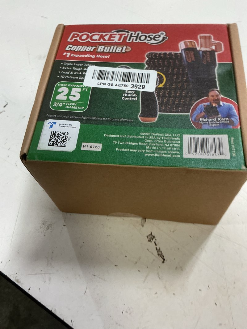 Condition photo showing New/Like New for pocket hose 25 ft copper bullet expandable garden hose w/10 pattern thumb spray nozzle as seen on tv 650psi 3/4 in patented lead-free ultra-lightweight solid copper anodized aluminum