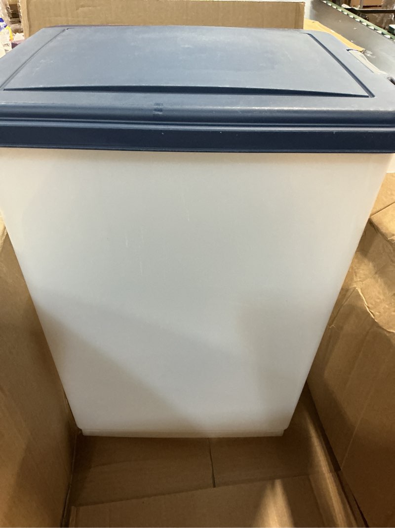 Condition photo showing New/Like New for iris usa dog food storage container, up to 54 pounds, attachable wheels, for dog cat bird and other pet food storage bin, keep fresh, easy mobility - made in usa, navy 54 lbs navy