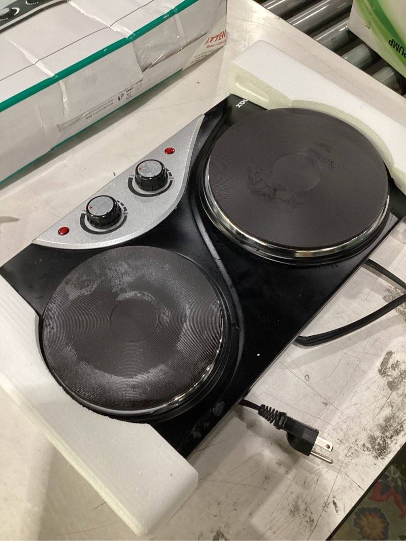 Condition photo showing As Is for hot plate, cusimax electric burners for cooking, 1800w double burner, hot plates for countertop burner, portable cast iron hot plates with dual adjustable temperature, easy to clean double hot plates black