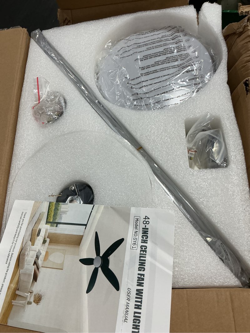Condition photo showing New/Like New for jsaitee ceiling fan with light, 48" rgb low profile ceiling fans with lights and remote control, dimmable, dc reversible motor, noiseless, 6 speeds flush mount sliver ceiling fan for bedroom