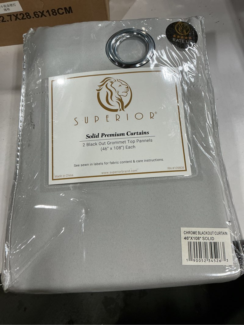 Condition photo showing New/Like New for Superior Blackout Curtains, Room Darkening, Bedroom, Drapes, Kitchen, Living Room Window Accents, Sun Blocking, Thermal, 2 Pack, Solid Blackout Curtains, Set of 2, 46" x 108", Chrome Chrome 46"W x 108"L (Pack of 2)