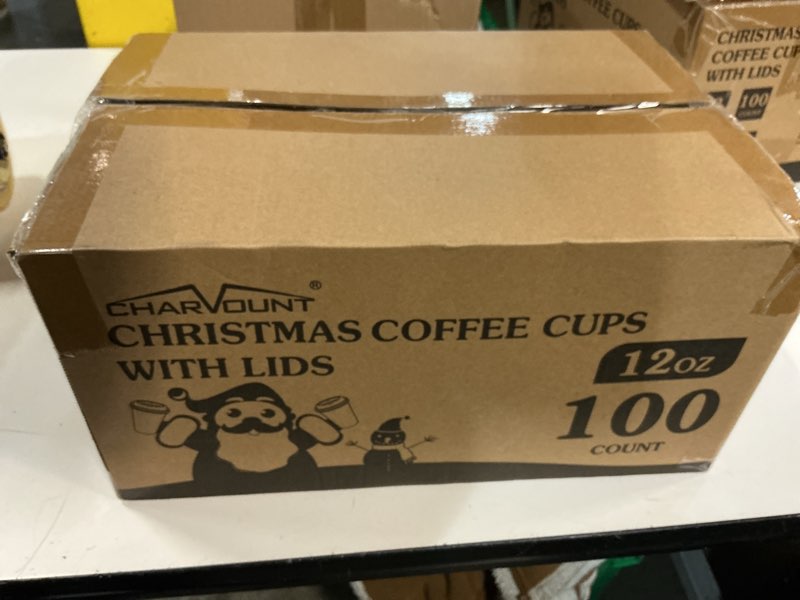 Condition photo showing New/Like New for Charmount 100Pcs 12 Oz Christmas Disposable Paper Coffee Cups with Lids, To Go Coffee Cups for Hot Chocolate, Cocoa, Hot Tea, Drinks and Christmas Party and Coffee Bars Decoration Supplies 12oz-Christmas