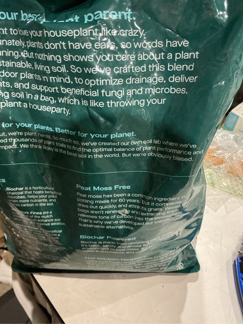 Condition photo showing As Is for indoor potting soil for house plants - organic potting soil mix for indoor plants -enriched w/root-boosting biochar for foliage plants, flowers, herbs - peat free house plant soil - 8qt 8 quarts