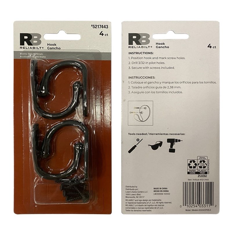 RELIABILT 1.57-in Black Zinc Die-cast Universal Hook (4-Pack)