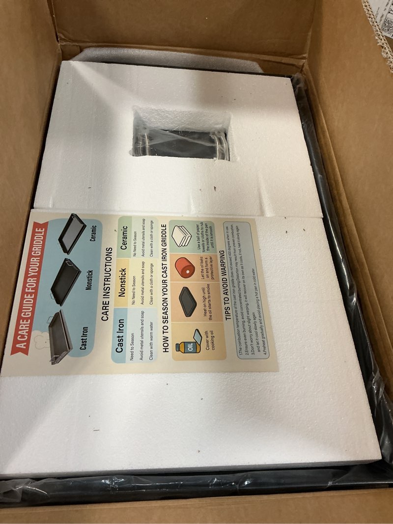 Condition photo showing New/Like New for utheer 25" x 16" pre-seasoned nonstick cast iron griddle for gas & charcoal grills – universal flat top with grease groove, reinforced ridges & high sidewalls, great for parties, camping & tailgating