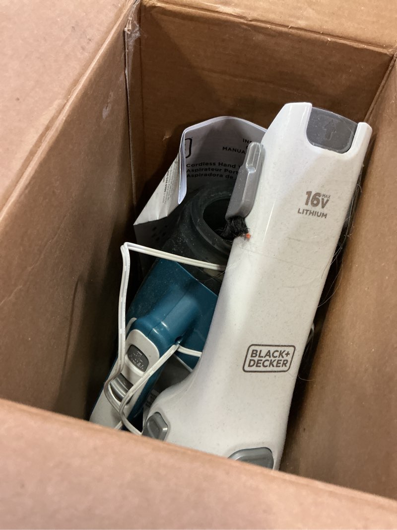 Condition photo showing As Is for black+decker dustbuster advancedclean handheld vacuum cordless, compact home and car vacuum with crevice tool, rotating nozzle and charging station, large dust bowl (chv1410l)