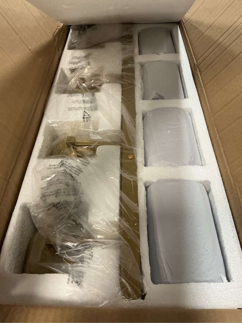 Condition photo showing New/Like New for 4-light vanity light fixture, bathroom wall sconces, bathroom vanity lighting over mirror | square clear glass shade | bulbs not included | e26 socket | brushed gold brush gold 4-light