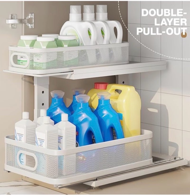 1 Pack 15.5IN-Depth Under Sink Organizer With Next-Gen Ball-Bearing Slides,2-Tier Precision Mesh Pull Out Cabinet Storage for Bathroom&Kitchen,Height Adjustable Drawers Shelf,Anti-rust-Black 1 Pack-15.5\"Dx12.4\"-16.5\"H white 