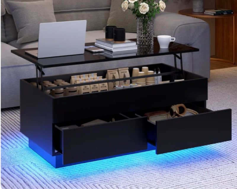 chappa lift top coffee table with multifunctional rgb led lights, hidden compartment and drawers