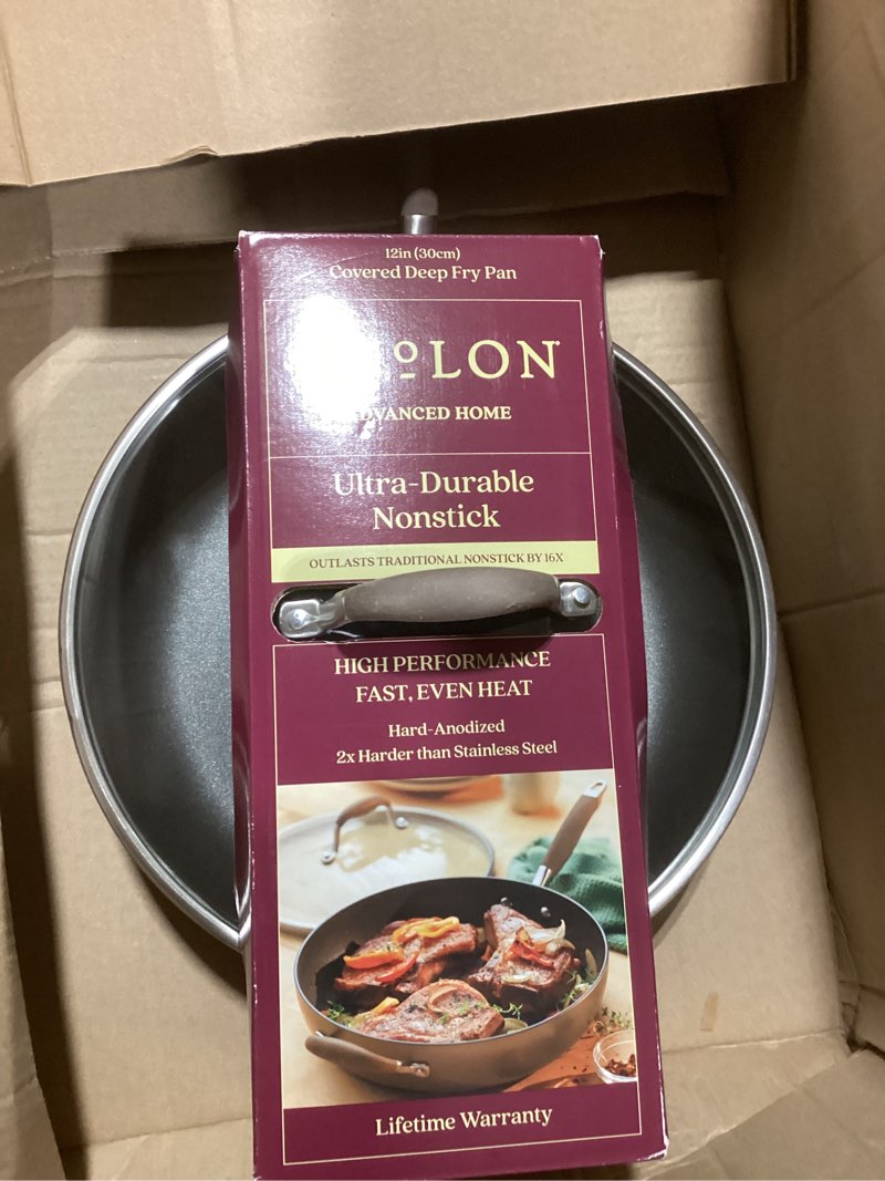Condition photo showing New/Like New for Anolon Advanced Hard Anodized Nonstick Deep Frying Pan/Skillet with Lid, 12 Inch, Aluminum, Bronze Bronze 12-Inch w/ Lid