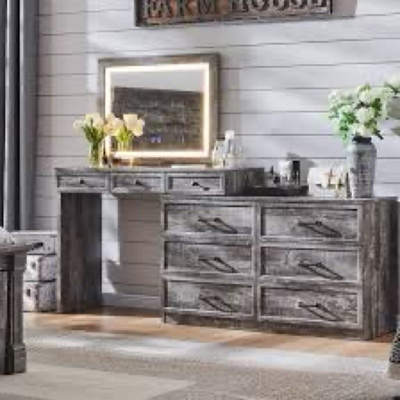 69\" W Large Vanity Desk with 30\" Lighted Mirror & 9 Drawers, Farmhouse Corner Makeup Table with Glass Top INCOMPLETE 