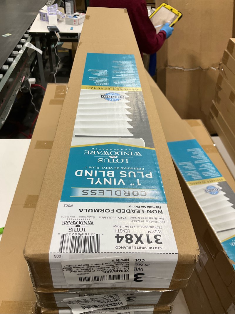 Condition photo showing New/Like New for LOTUS & WINDOWARE Cordless 1" Premium Vinyl Mini Blind, 31" Wide x 84" Long, White, Smooth, Room Darkening, Horizontal Blinds for Living Room, Bedroom, Interior Door Windows 31"W x 84"H White