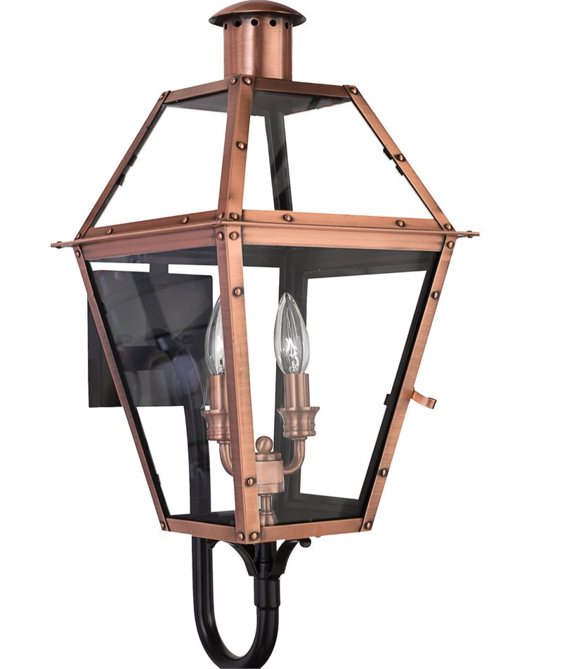 Quoizel Rue De Royal Charleston Outdoor Wall Lantern, 23.5 Inch 2-Light Aged Copper Vintage Wall Sconce, French Country Wall Light, Clear Glass, Outside Lights for Patio, Porch, Garage or Yard