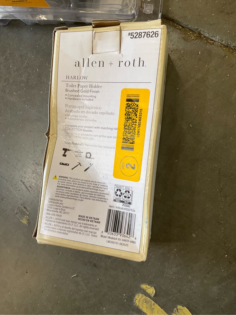 Condition photo showing As Is for allen + roth harlow brushed gold wall mount single post toilet paper holder