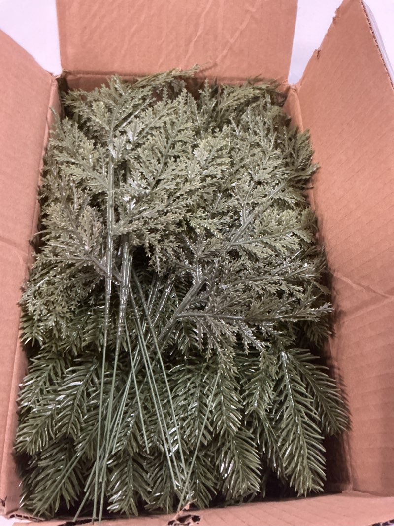 Condition photo showing New/Like New for KLEWEE 60 Pcs Artificial Pine Branches Assorted Faux Norfolk Pine Stems Evergreen Pine Picks Cedar Sprigs Fake Christmas Greenery for Christmas Tree DIY Craft Garland Wreath Home Garden Decor