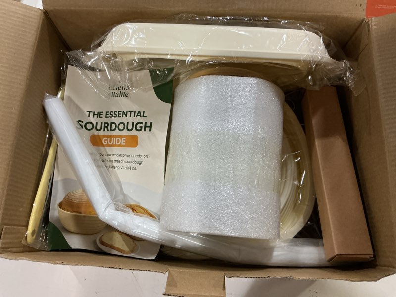 Condition photo showing New/Like New for sourdough starter kit – bread baking set with 10" oval & 9" round silicone bannetons,1000ml starter jar, bread lame, danish whisk, pastry mat,sling, fermentation kit, gift for bakers, moms & wives