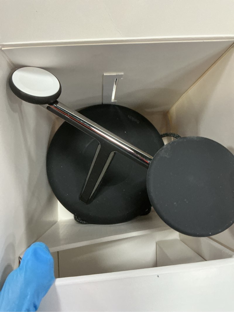 Condition photo showing As Is for Belkin MagSafe-Compatible 3-in-1 Wireless Charger Stand 15W - Qi2-Certified Wireless Charging Station, Fast Charging of iPhone 16, AirPods, & Apple Watch - 36W Included - Black Black Gen 2