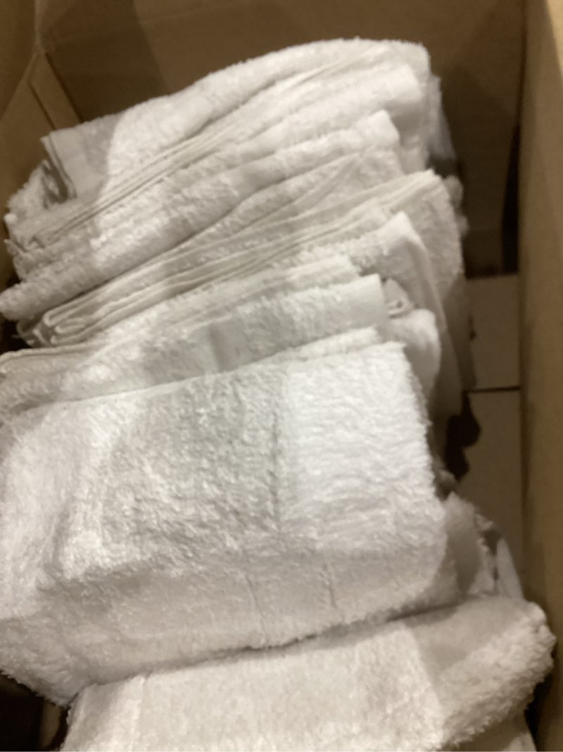 Condition photo showing As Is for 24 pack white 22x44 inch cotton bath towels - lightweight, quick drying, commercial grade 22x44 pack of 24 white