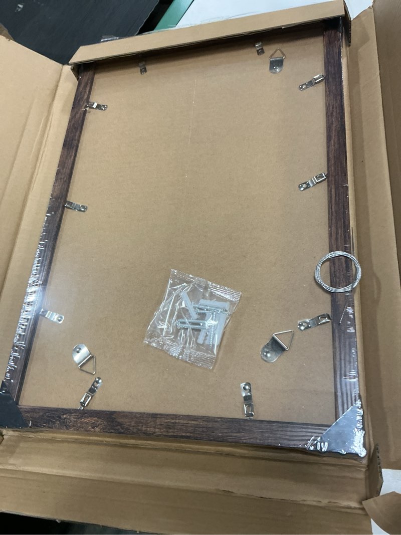 Condition photo showing New/Like New for 12x18 frame set of 2, rustic brown wood style, display 12 x 18 poster without mat or 8.5x11 picture with mat, wall mounting horizontal and vertical rustic brown 12x18 in