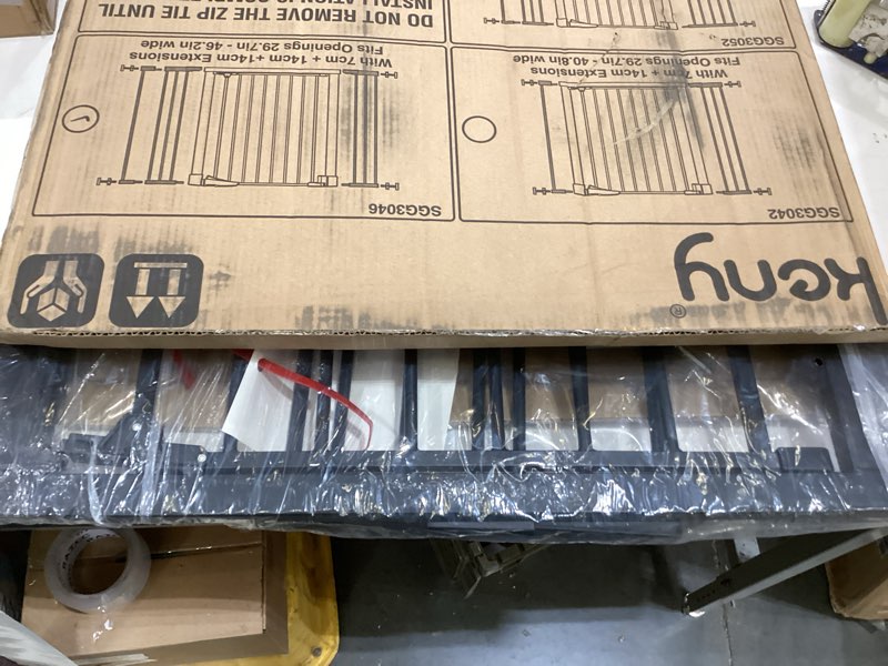 Condition photo showing Good Condition for keny 29.7"-46" baby gate for stairs, auto close dog gates for doorways, pressured mounted no drilling pet gate extra wide, one-hand opening dual lock stair gate, indoor kids necessities, black black 29.7-46"wide,30"tall