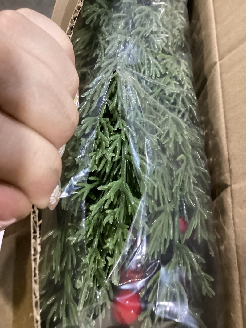 Condition photo showing As Is for Christmas Cedar Garland for Mantle, Realistic Greenery Garland, Thickness Artificial Pine Garlands for Christmas Mantel Table Outdoor Indoor Xmas Holiday Seasonal Decor(6FT Red Berries, Pine Cones) 6 FT