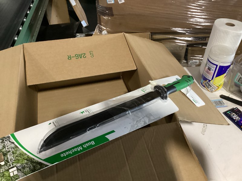 Condition photo showing As Is for hooyman bush machete with heavy duty construction, ergonomic no-slip handle and belt sheath for gardening, land management, bushcraft, hunting and outdoor , black/green