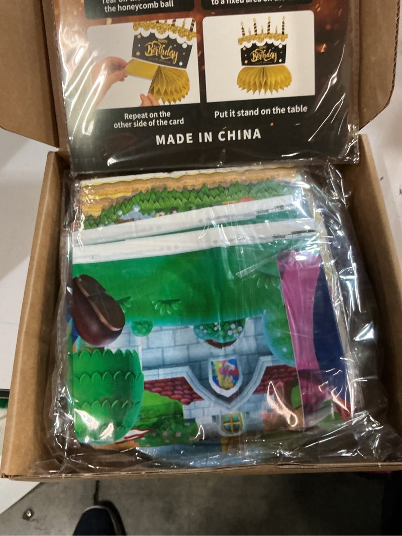 Condition photo showing New/Like New for super bros themed party decorations, birthday party supplies decorations set-plates napkins tablecloth banners fork etc for 20 guests kids birthday (set b)