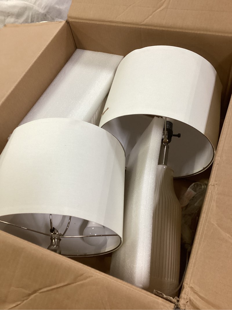 Condition photo showing Good Condition for 23.75 inches Modern Ceramic Table Lamp Set of 2 for Living Room, Farmhouse Bedside Nightstand Lamp for Bedroom Home Office Dorm A 2 Pack-Beige vertical stripe