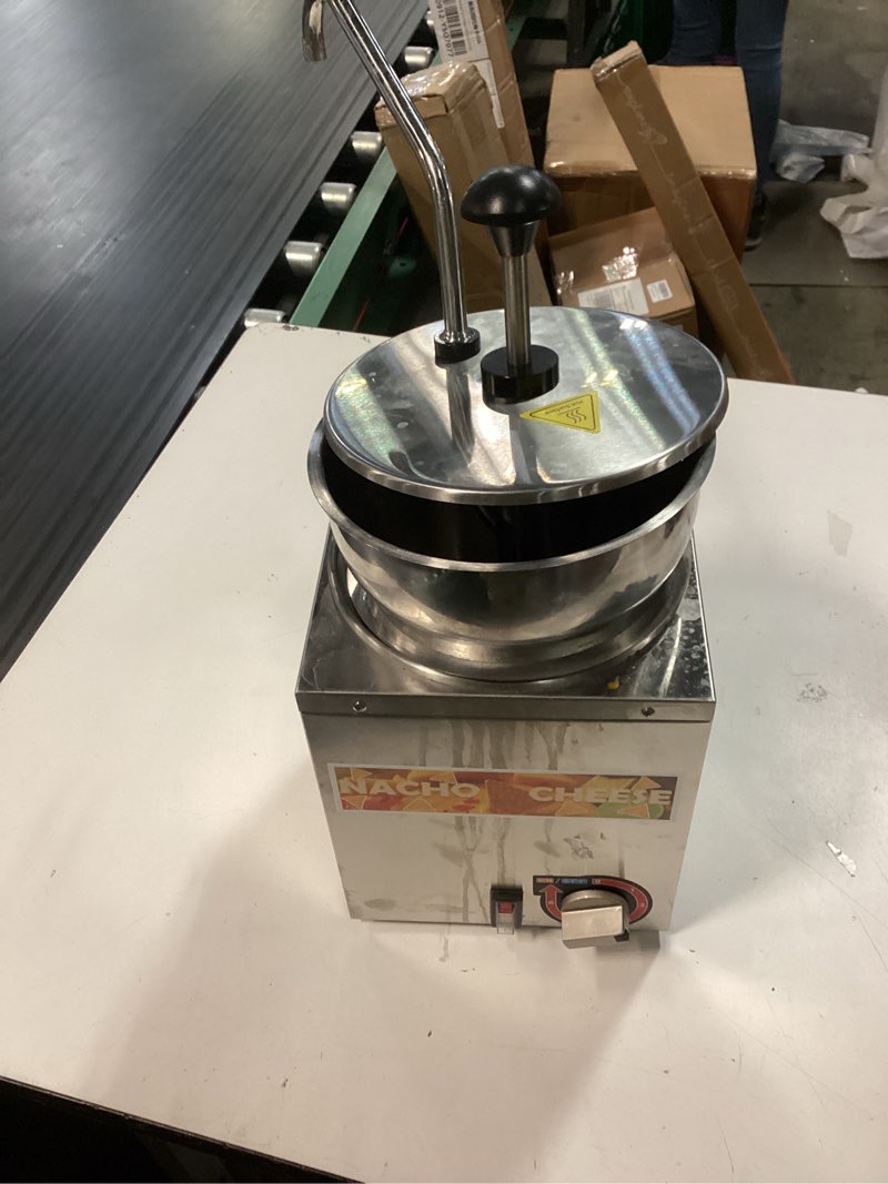 Condition photo showing As Is for nacho cheese dispenser, 4.6 qt nacho cheese warmer with stainless steel pump, hot fudge warmer with 6-level temperature adjustment, commercial sauce dispenser machine for butter cheese caramel syrup 4.6 quarts ss pump
