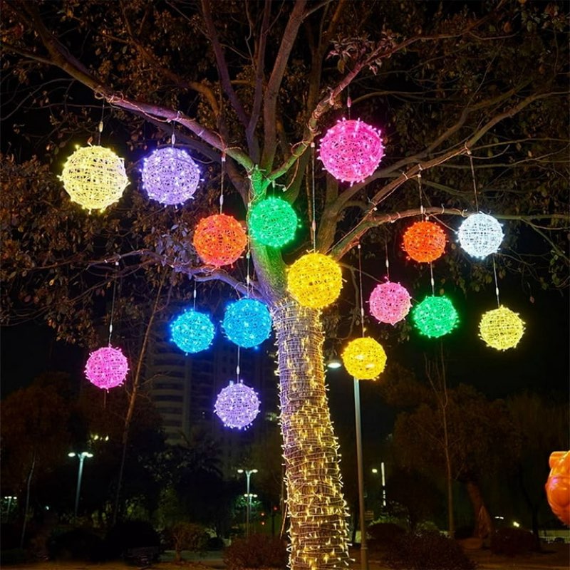 Christmas Solar Lights Outdoor LED Rattan Ball Fairy Lights Outdoor Decorative Lights Pendant Christmas Garden String Lights for Xmas Party Wedding New Year Decoration Supplies