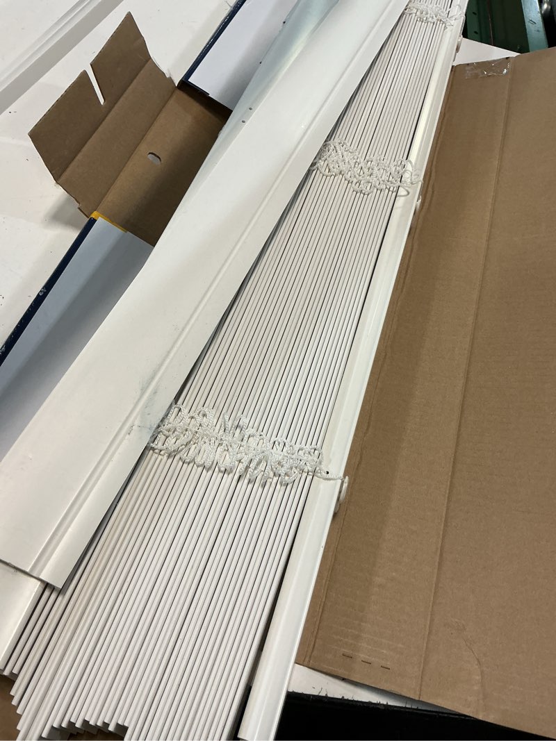 Condition photo showing As Is for levolor trim+go 2-in slat width 35-in x 64-in cordless white faux wood room darkening horizontal blinds