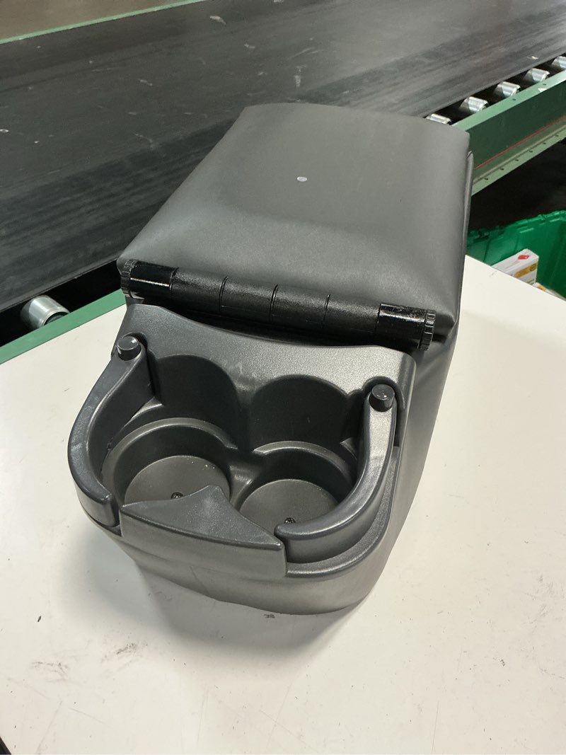 Condition photo showing As Is for universal truck seat/bench contractor center console business organizer and storage with adjustable cup holders, clip board, and padded top lid for armrest 124809