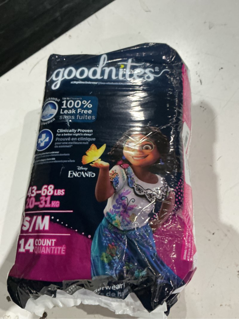 Condition photo showing Good Condition for goodnites girls' nighttime bedwetting underwear, size s/m (43-68 lbs), 14 ct, packaging may vary small/medium 14